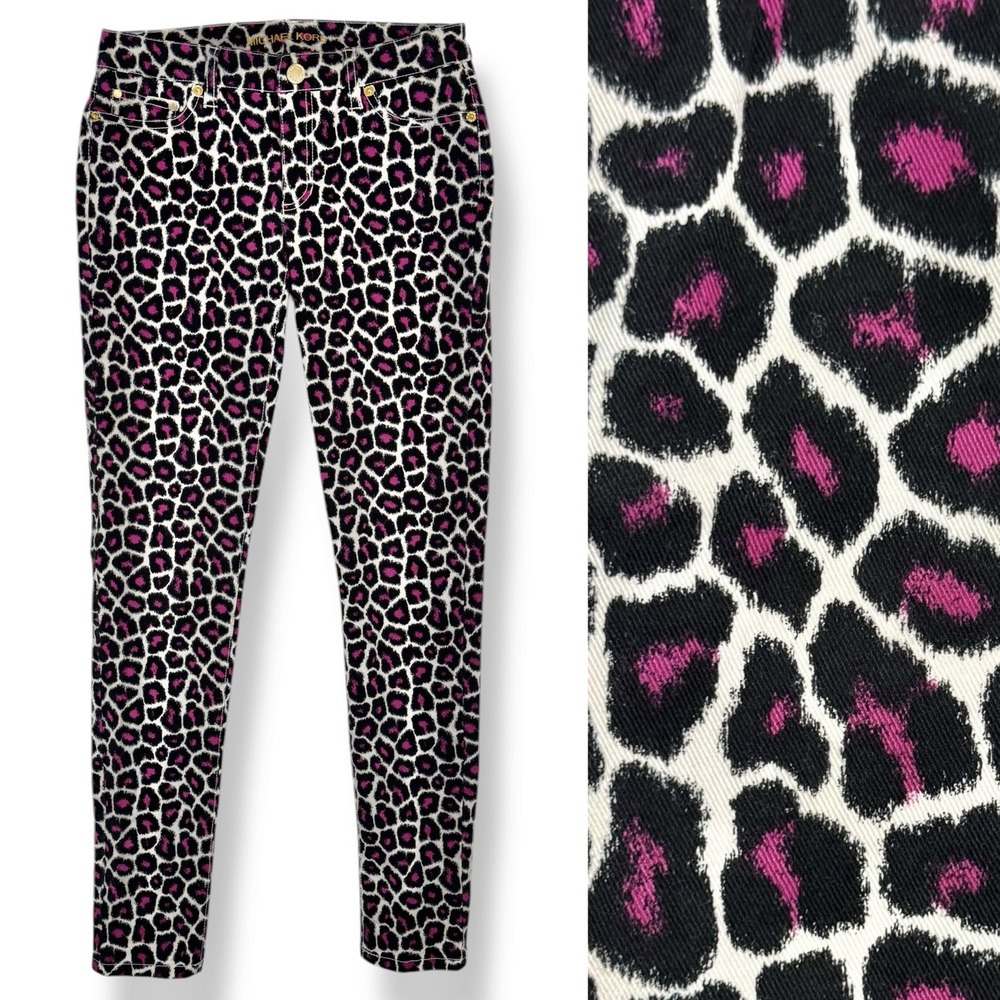 Michael‎ Kors Leopard Print Skinny Jeans Size 0 Pink & Black White Gold Mob Wife